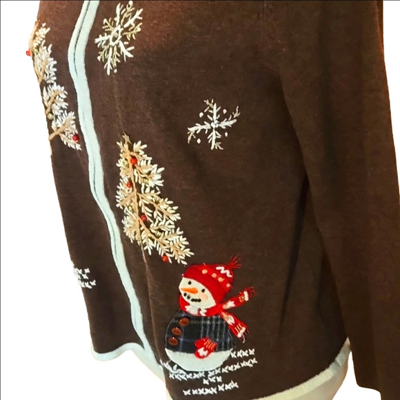 Sweater Mercer Street Studio Women Size L Brown Shell w/ Cream Trim Holiday - Picture 5 of 14